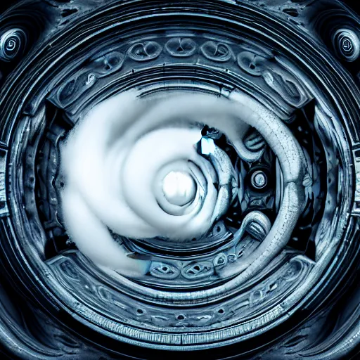 Image similar to open portal to another dimension, with white turbulent image of different time space, ethereal, sci fi, high detail, intricate, giger, photo realistic, 8 k