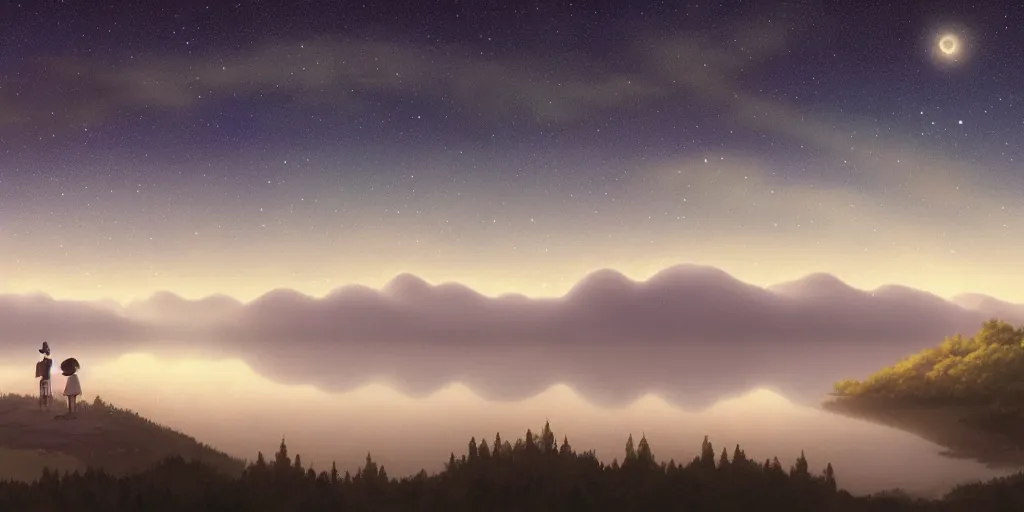 Image similar to a beautiful matte painting of a magic lake by night with fog mountains in the background and the milkyway in the sky by studio ghibli and hayao miyazaki and kazuo oga, manga, trending on artstation