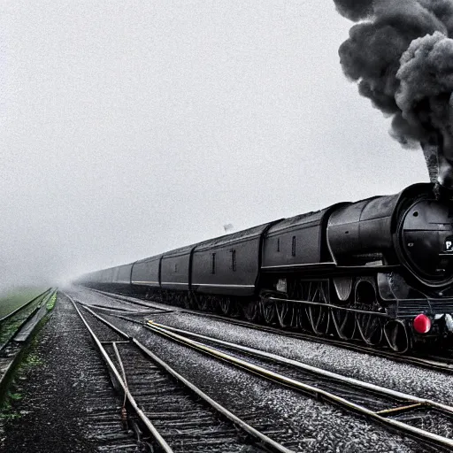 Image similar to A hyperdetailed photograph of the Flying Scotsman on the rails producing lots of black smoke in an old timey city, night, dense fog, rain, HD, 8K resolution