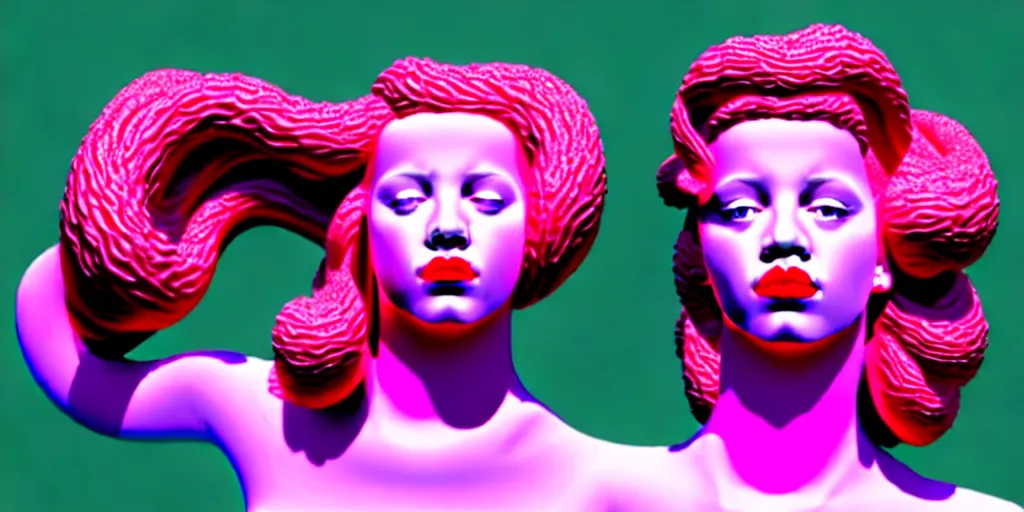 Image similar to modern sculpture, young woman as medusa as miranda sings, multiple poses, vaporwave, low resolution video from 2 0 0 3