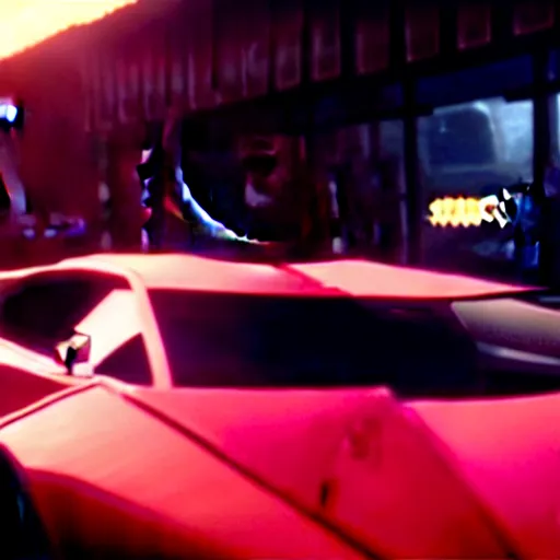 Image similar to A cinematic film still of a Lamborghini in the movie Blade Runner: 2049.