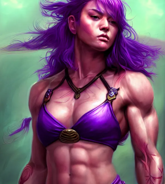 Prompt: muscular female warrior holding katana hilt, perfect face, diadem, detailed neon tattoos, halter top, purple flowing hair, abs, cinematic, blush, stunning, athletic, strong, agile, highly detailed, psychedelic, digital painting, artstation, smooth, hard focus, rim lighting, back lighting, illustration, art by jessica rossier and and brian froud