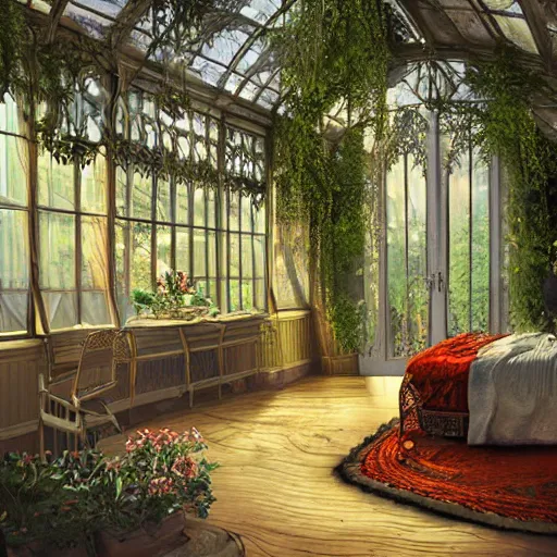 Image similar to a musical bedroom victorian greenhouse. The greenhouse is built into a giant oak tree, ornate, beautiful, atmosphere, vibe, flowers, concept art illustration, Greg rutowski, volumetric lighting,