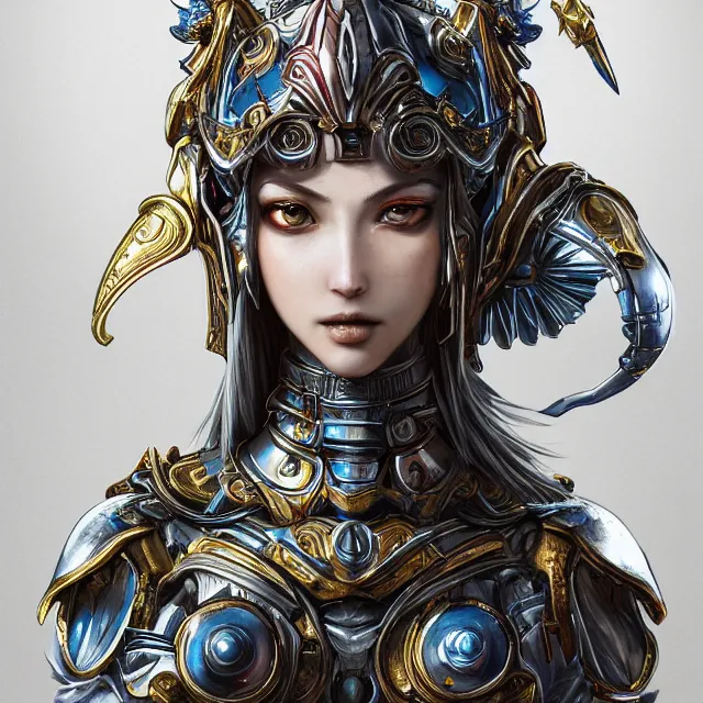 Prompt: studio portrait of lawful good colorful female holy divine mech paladin as absurdly beautiful, elegant, young cute gravure idol, ultrafine hyperrealistic detailed face illustration by kim jung gi, irakli nadar, intricate linework, sharp focus, bright colors, matte, final fantasy, unreal engine highly rendered, global illumination, radiant light, intricate environment