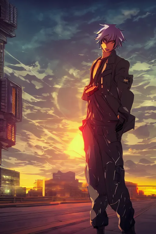 Image similar to beautiful anime man in a cyberpunk environment, sunset, very accurate and detailed, 8k