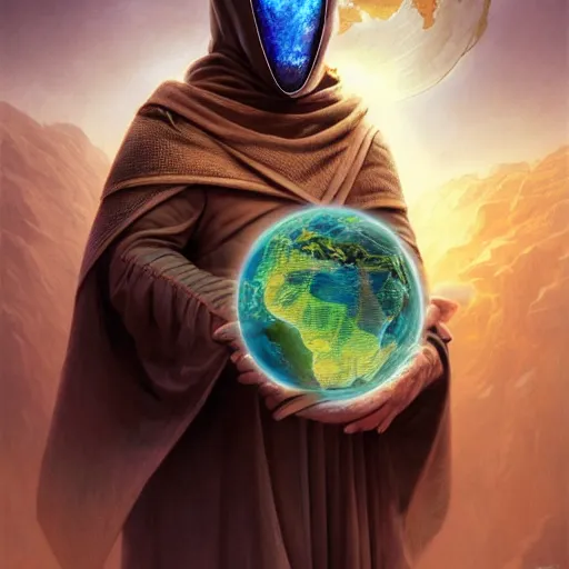 Image similar to masked nomad male wearing a cloak on an alien world and holding a holographic planet projection in his hand, detailed, sci - fi, digital painting, artstation, sharp focus, illustration, ominous, artgerm, tomasz alen kopera, peter mohrbacher, donato giancola, joseph christian leyendecker, wlop, frank frazetta