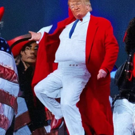 Image similar to Donald Trump wearing a moonwalking Michael Jackson as a hat
