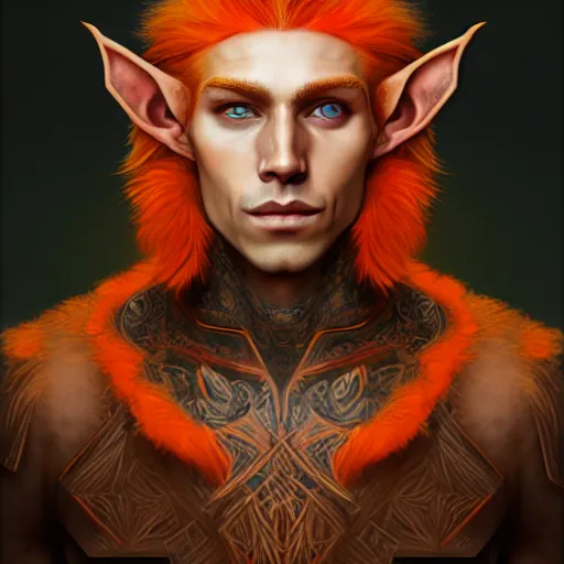 Image similar to portrait painting of an elven young man with short light orange hair and tribal tattoos on his face wearing fur armor, sharp focus, award - winning, trending on artstation, masterpiece, highly detailed, intricate. art by merwild and ernesto irawan and rachel denton