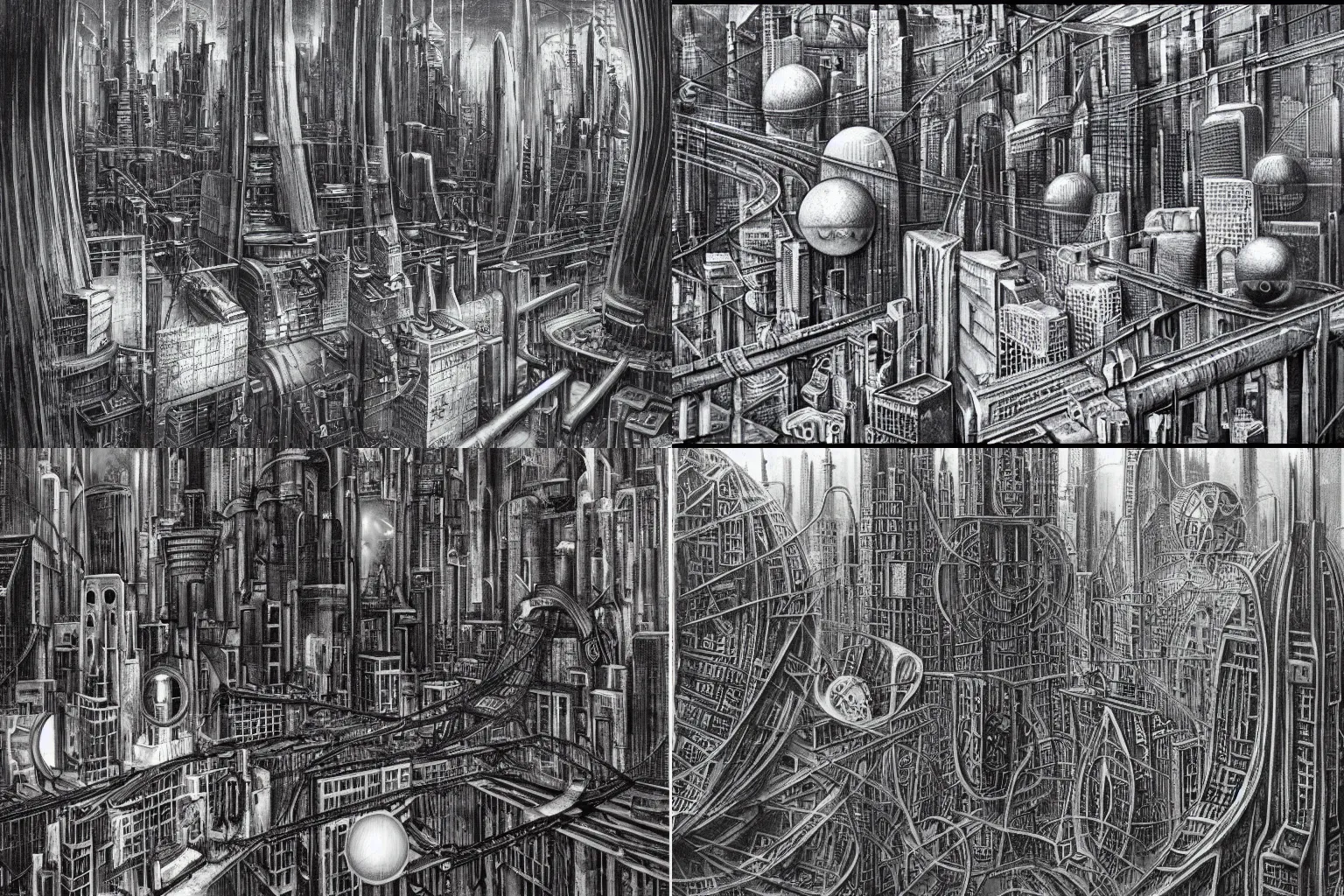 Prompt: Dystopian Cityscape of Spherical buildings by H.R. Giger