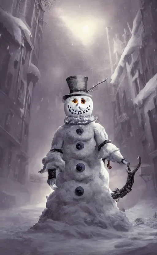 Image similar to a a full body portrait of monster jack frost the snowman, in the middle of a village in the snow, dynamic lighting, photorealistic dark fantasy concept art, trending on art station, stunning visuals, creative, cinematic, ultra detailed, scary art, monster