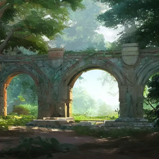 Image similar to concept art painting of an ornate ancient stone archway, in the woods, trees in foreground, realistic, detailed, cel shaded, in the style of makoto shinkai and greg rutkowski and james gurney