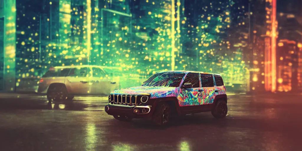 Prompt: abstract grainy polaroid of an itasha Jeep surrounded by massive floating transparent liquid branching off and refracting, neon night, cinematic, refraction, octane render, photorealistic, dark, atmospheric, insanely detailed, lights and shadows