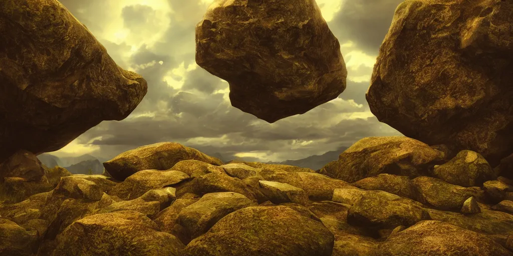 Prompt: Photorealistic epic landscape with magically floating rocks, with ominous storm clouds, strange levitating stones, stones falling from the sky, a gentle rising mist. photorealism, UHD, amazing depth, glowing, golden ratio, 3D octane cycle unreal engine 5, volumetric lighting, cinematic lighting, cgstation artstation concept art