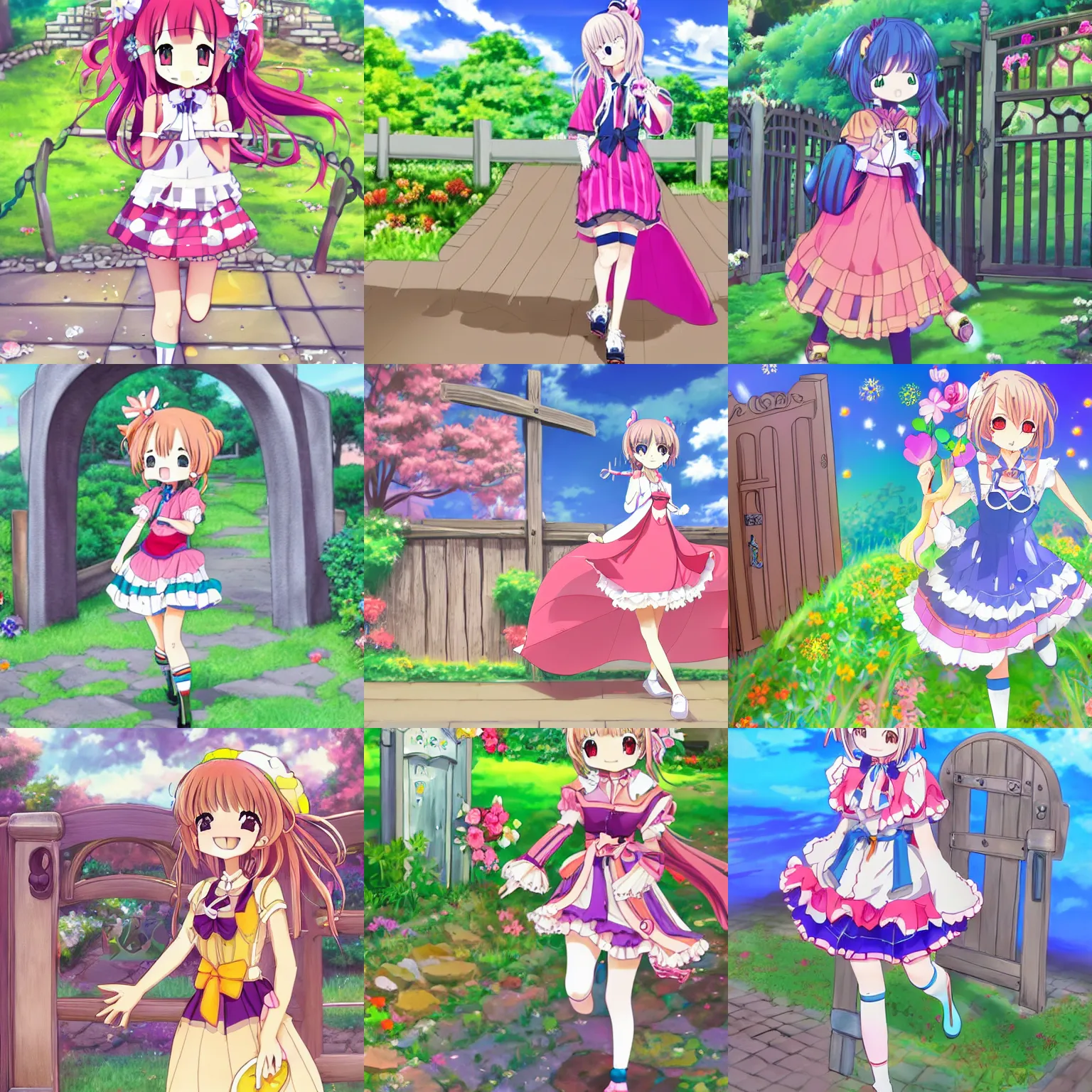 Image similar to a very cute art of a smiling anime girl idol wearing a colorful dress, walking at the garden, walking over a skeleton, in the style of anime, near a stone gate