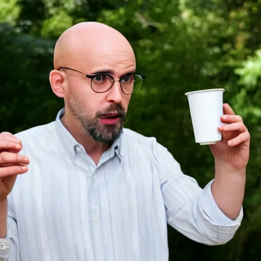 Prompt: a bald scientist drinking out of a comically small cup