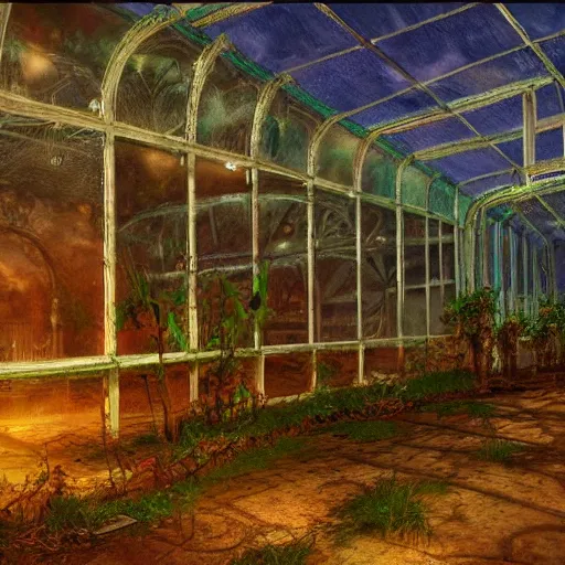 Prompt: concept art of an abandoned greenhouse at night with subtle psychedelic alterations by john howe and henry ossawa tanner, trending on artstation, hyperrealism, highly detailed, art gallery, museum piece