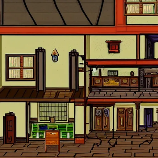 Prompt: a large house, from a point and click graphic adventure game made in 1995