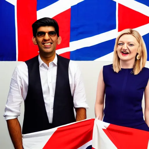 Image similar to rishi sunak and liz truss laughing, standing next to a burning union jack, studio photograph, dramatic llghting