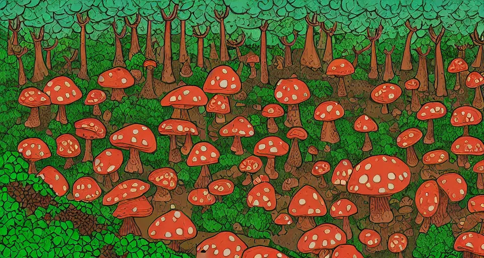 Prompt: A tribal village in a forest of giant mushrooms, by David Eichenberg