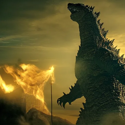 Image similar to godzilla exhaling a large hit from his bong, movie still, cinematic lighting