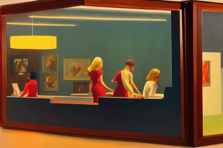 Prompt: a 7 0 s art gallery exhibition, colors americana, cinematic, volumetric lighting, ultra wide angle view, realistic, detailed painting in the style of edward hopper