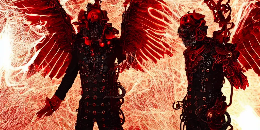 Image similar to pair of red mechanical demon wings, steampunk style, highly detailed, red houdini particle effects, glow, black background