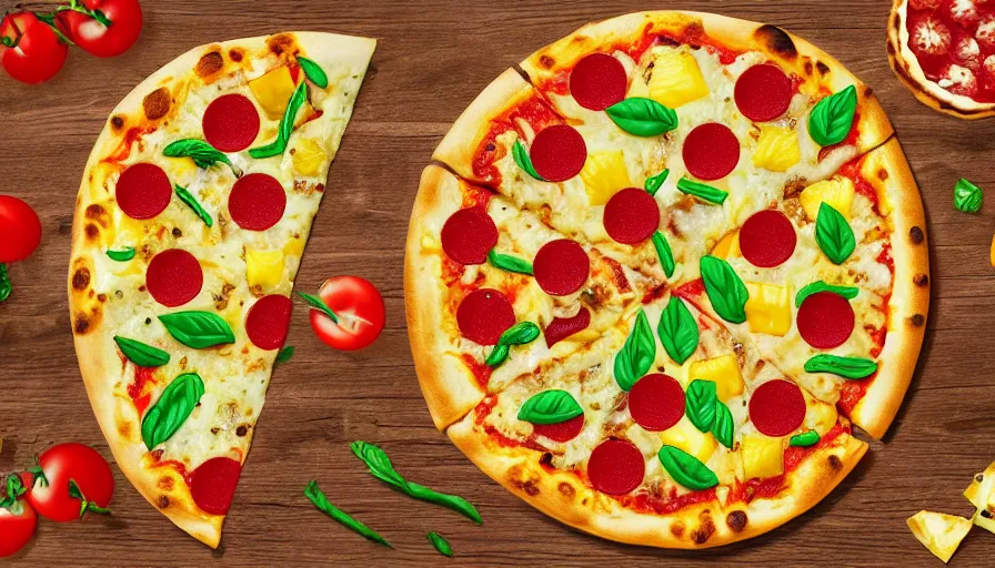 Prompt: pizza with overflowing pineapples, photo realistic, bright, vivid colors