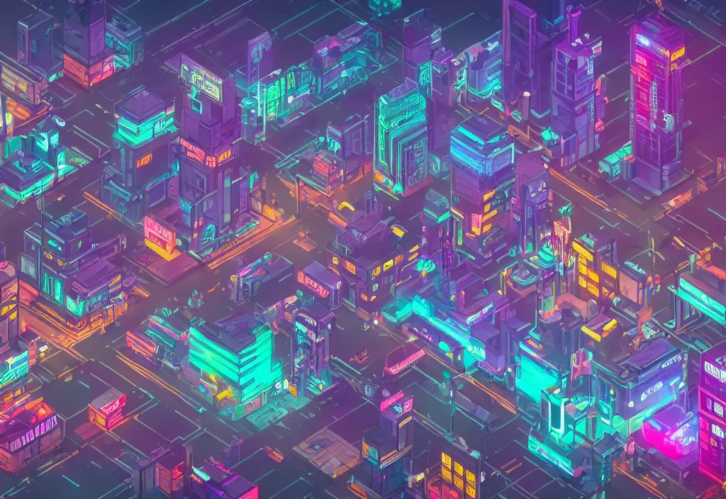 Prompt: a cyberpunk city scape in isometric style, at night with neon lights and advertisements, 4k, deviantart, unreal engine, trending on artstation