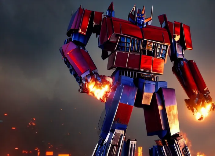 Image similar to optimus prime from transformers 7 : rise of the beasts [ destroying ] a decepticon, ultra realistic 4 k unreal engine very cinematic render with ray tracing bloom ambient occlusion strong reflections depth of field fog