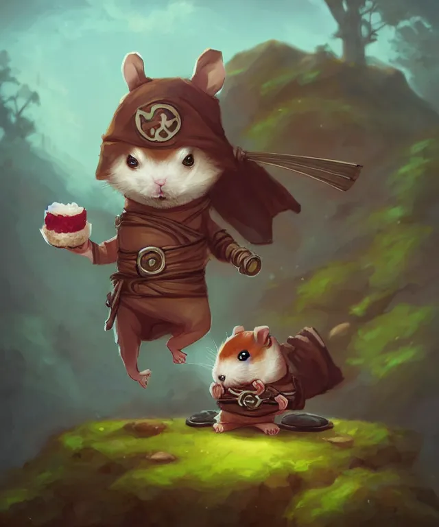 Image similar to anthropomorphic hamster ninja eating sushi, ninja outfit, standing in a beautiful landscape, cute and adorable, dnd character art portrait, matte fantasy painting, deviantart artstation, by jason felix by steve argyle by tyler jacobson by peter mohrbacher, cinematic lighting