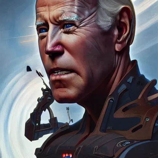 Image similar to cyborg Joe Biden from another dimension, cinematic lighting, intricate, elegant, highly detailed, digital painting, artstation, sharp focus, illustration, art by artgerm and greg rutkowski and alphonse mucha and Wayne Barlowe and william-adolphe bouguereau