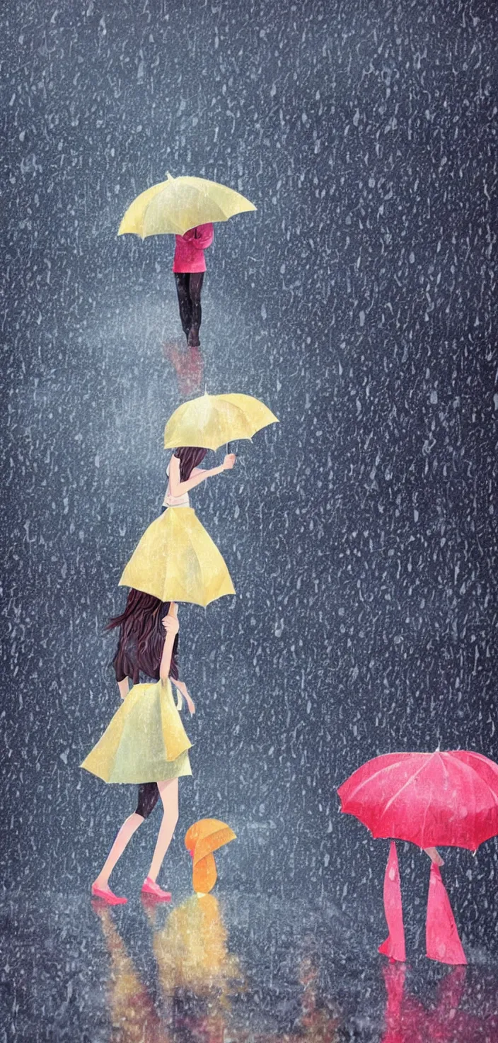 Image similar to girl with umbrella on the wet road, rain, thunder, fog, anime style