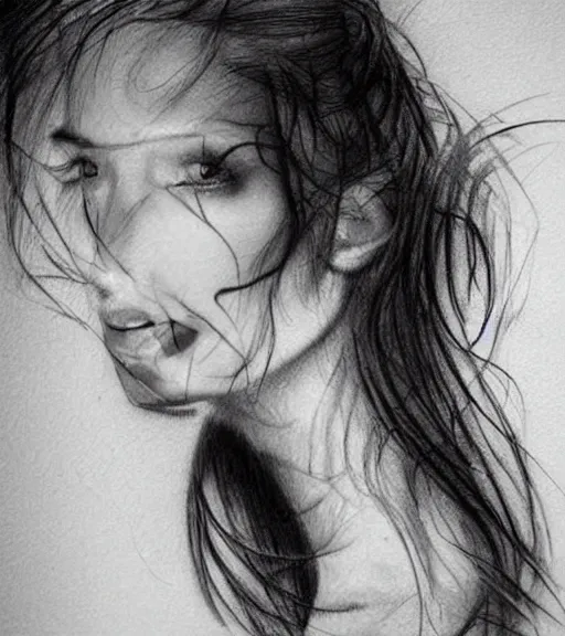 Image similar to tattoo design sketch of a beautiful woman face against a background of beautiful mountains and nature, hyper - realistic, in the style of den yakovlev, amazing detail, black and white