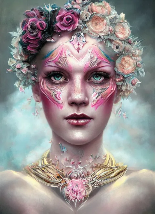 Image similar to portrait of pink fairy, symmetric, facepaint facepaint facepaint, intricate jewelry, trending on artstation 4 k, high quality, in the style of karol bak and tom bagshaw