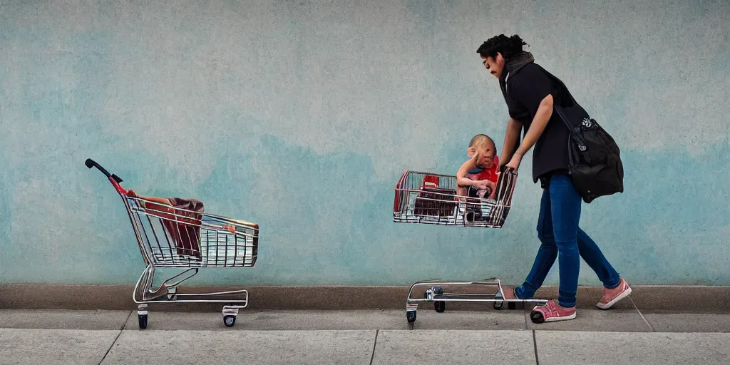 Image similar to homeless mother pushing a shopping cart with a child riding in it, in front of a blank wall, hyperrealistic