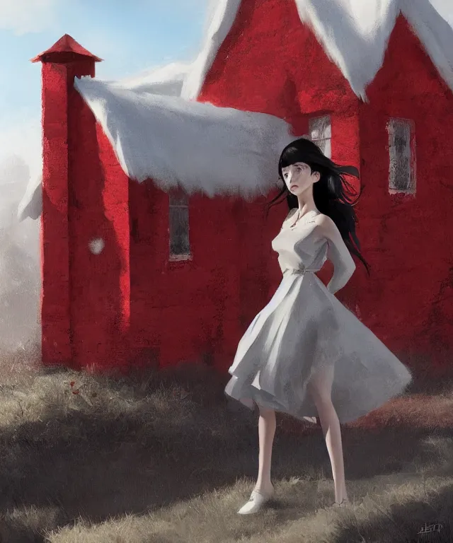 Prompt: a young woman in the shadow! of a red cottage!. black hair, white! dress, sharp focus, wide angle, digital art by eddie mendoza, trending on artstation