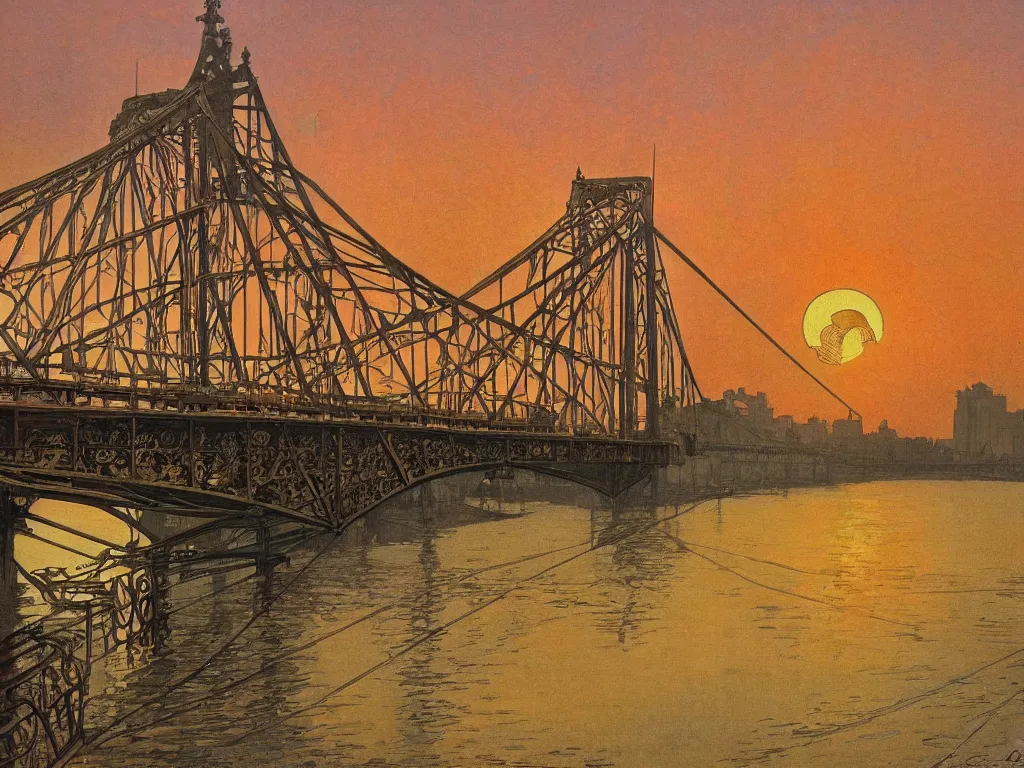 Prompt: howrah bridge, calcutta, sunset, illustration, art by alphonse mucha and tian zi and WLOP