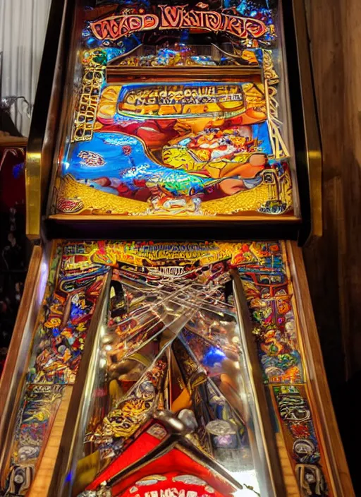 Image similar to a wide complex fancy wooden pinball machine that has fancy artwork inside with lights and pinball bumpers, wizard themed, front-view