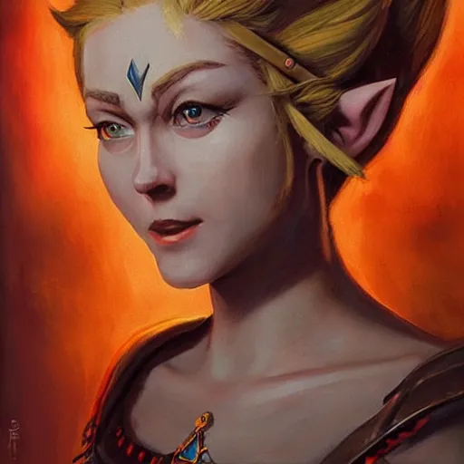 Prompt: an ultra - realistic portrait painting of zelda from the legend of zelda in the style of frank frazetta. 4 k. ultra - realistic. highly detailed. dark fantasy. epic lighting.