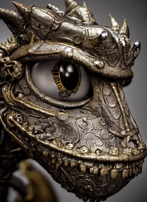 Image similar to closeup portrait of a tin toy mediedval dragon, depth of field, zeiss lens, detailed, symmetrical, centered, fashion photoshoot, by nicoletta ceccoli, mark ryden, lostfish, earl nore, hyung tae, frank frazetta, breathtaking, 8 k resolution, extremely detailed, beautiful, establishing shot, artistic, hyperrealistic, octane render