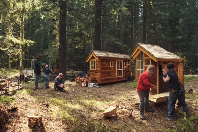 Prompt: movie scene, real life team of gnome people building a tiny house in their forest village natural lighting by emmanuel lubezki