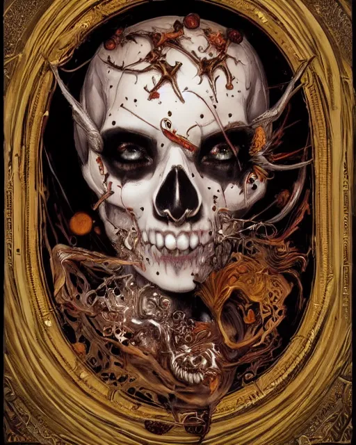 Image similar to perfectly centered portrait front view of a angry dead rotten beautiful female skull growing ornamentation all around, ornate, detailed, symmetrical, elegant, beautifully soft lit, by wayne barlowe, peter mohrbacher, kelly mckernan