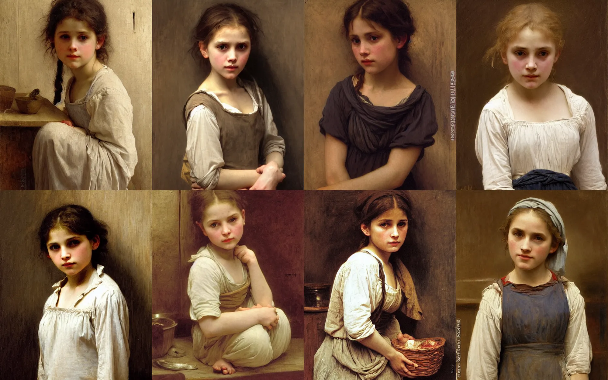 Prompt: young Cosette in a dark, dirty kitchen, looking pitiful wearing ragged peasant clothing from Les Miserables, detailed oil painting by William Adolphe Bouguereau