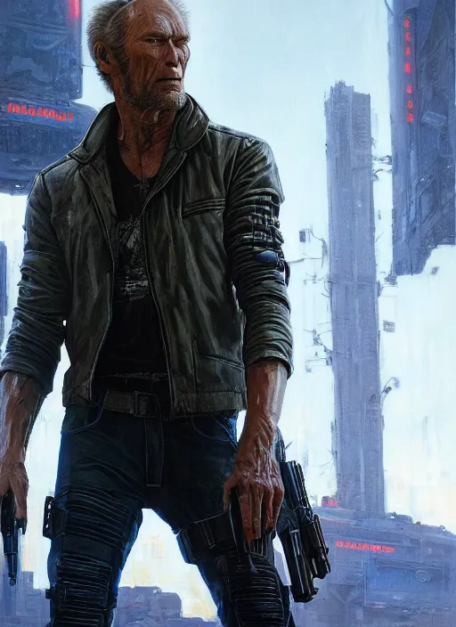 Prompt: clint eastwood. cyberpunk mercenary in a military vest ( blade runner 2 0 4 9, cyberpunk 2 0 7 7 ). orientalist portrait by john william waterhouse and james gurney and theodore ralli and nasreddine dinet, oil on canvas. cinematic, hyper realism, realistic proportions, dramatic lighting, high detail 4 k