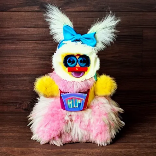 Prompt: an adorable fluffy furby muppet plush character with big gremlin ears and funfetti cake coloring wearing a little clown outfit and sitting on a wooden chair