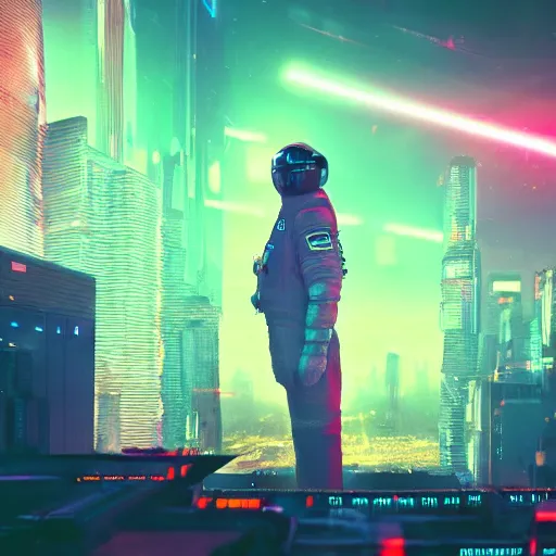 Prompt: professional photo of astronaut from low angle shot with cyberpunk city on background, synthwave, blade runner, hyperrealistic masterpiece, trending on artstation, cgsociety, kodakchrome, golden ratio, cinematic, composition, beautiful lighting, hyper detailed, sharp focus, octane render, 4 k, unreal engine