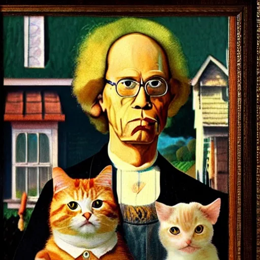 Image similar to fat orange tabby cat, man with afro, american gothic by grant wood