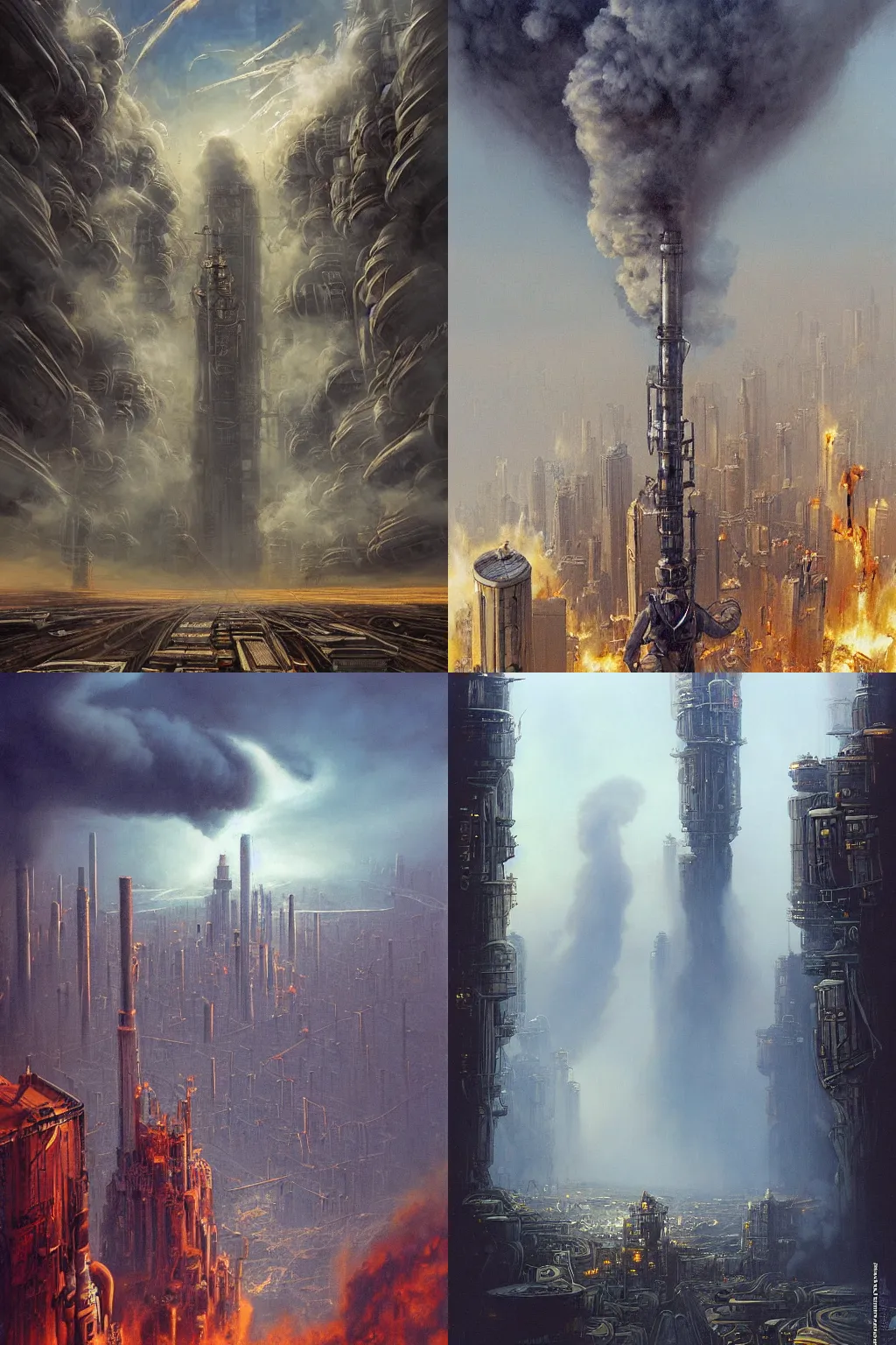 Prompt: a world with no future, a giant column of smoke billows around a massive vertical city on the horizon, the ground is covered with pipes leading toward the explosion, pipes completely cover the ground, concept art, gritty world, fantasy, sci-fi, bookcover by michael whelan