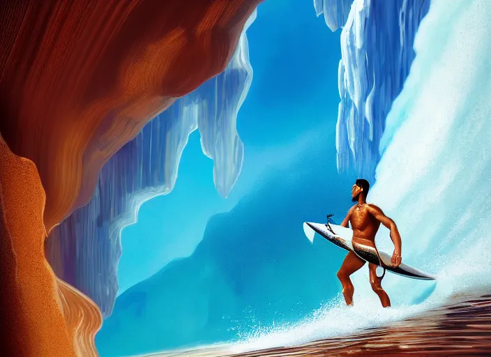 Prompt: a beautiful digital painting of a Hawaiian Warrior in a white and royal blue luxurious surfer suit, surfing a dangerous tsunami at Antelope Canyon on a chic surfboard at Pamukkale, thermal waters flowing down gold travertine terraces by greg rutkowski, award winning photo, trending on artstation, highly detailed, unreal engine, octane render