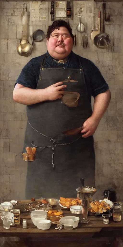 Image similar to portrait of a fat tavern ownler with dirty apron by Edgar Maxence and Ross Tran and Michael Whelan, 8k, octane render